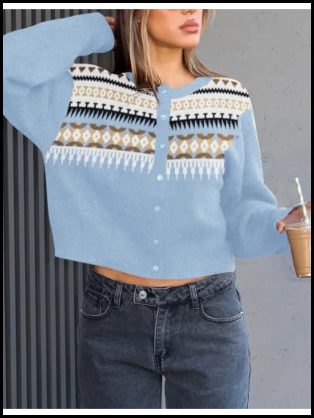 Cropped Cardigan Sweater Crew Neck Long Sleeve Button Up Ribbed Knit - Picture 4 of 5